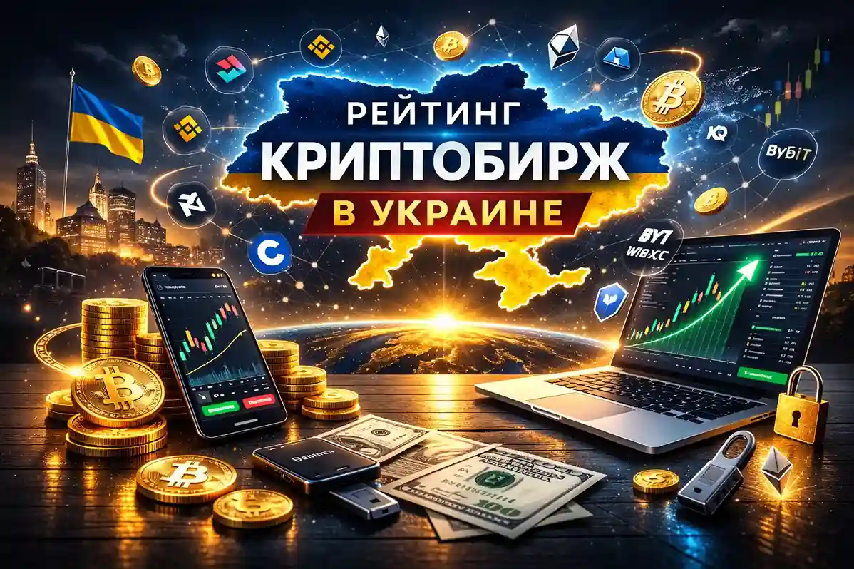 Лучшие криптобиржи в Украине — иллюстрация для страницы рейтинга криптовалютных бирж с графиками и картой Украины.